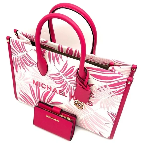Michael Kors Medium Mirella Tote Bag & Medium Bifold Zip Chain Wallet Pink/Gold